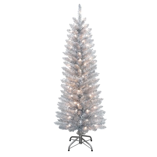 4.5Ft Pre-Lit Silver Tinsel Artificial Christmas Tree, Clear Lights By Puleo International | 4.5 ft | Michaels®